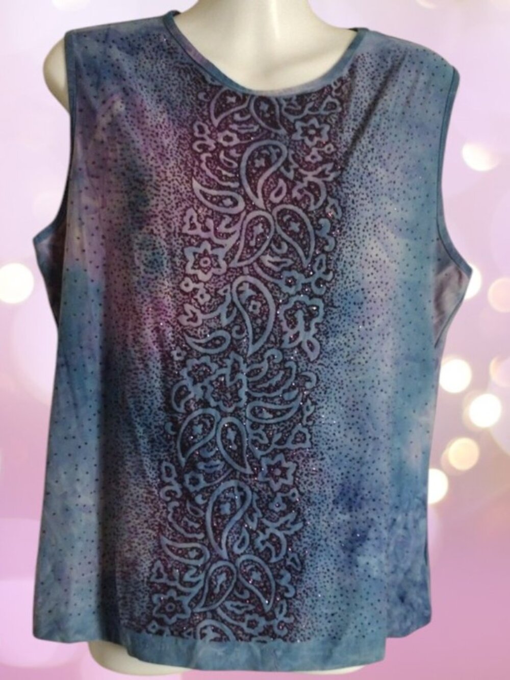 Educe Sparkly Embellished Paisley Blue-Purple Paisley sleeveless Top Size Large
